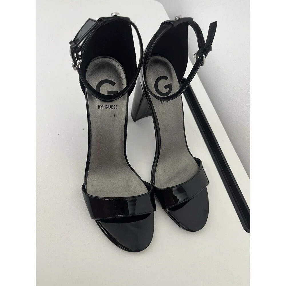 G By Guess Women’s Black Leather Buckle Open Toe Ankle Strap Heels Size 8.5 M